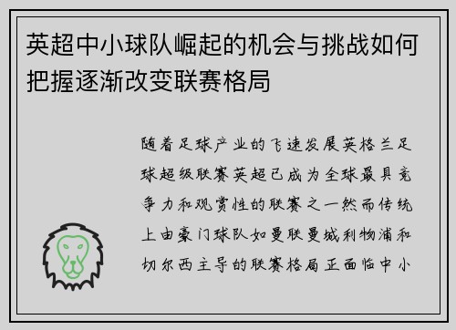 英超中小球队崛起的机会与挑战如何把握逐渐改变联赛格局