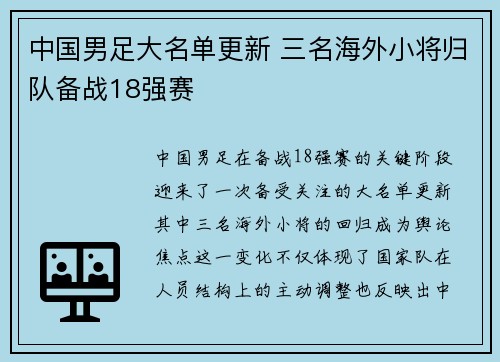 中国男足大名单更新 三名海外小将归队备战18强赛