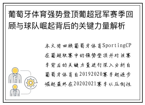 葡萄牙体育强势登顶葡超冠军赛季回顾与球队崛起背后的关键力量解析